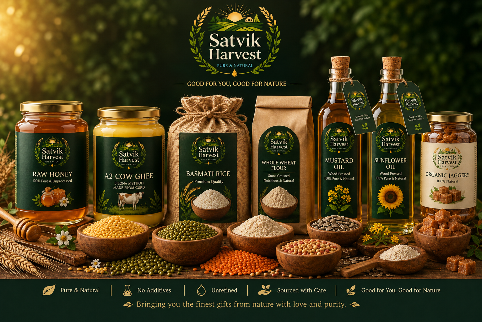 Satvik Harvest organic products: ghee, honey, sunflower oil and grains arranged with a jute bag