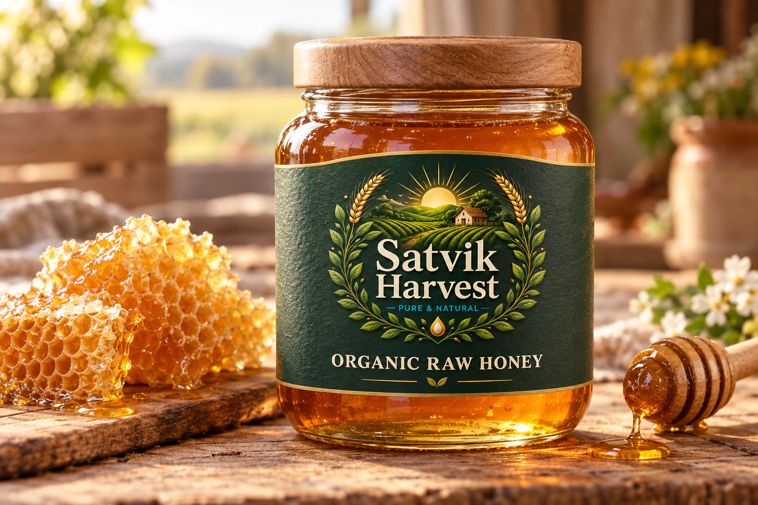 Jar of raw honey with honeycomb
