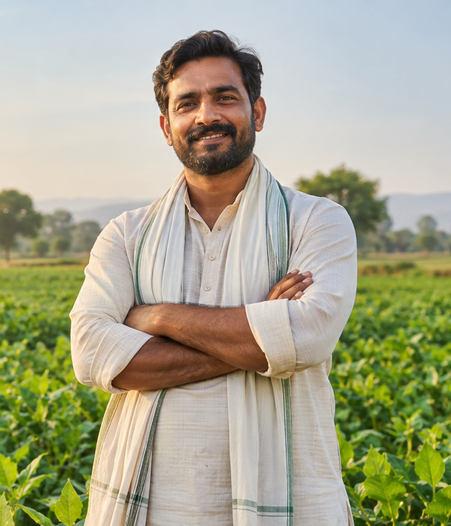 Farmer standing in a green field with arms crossed